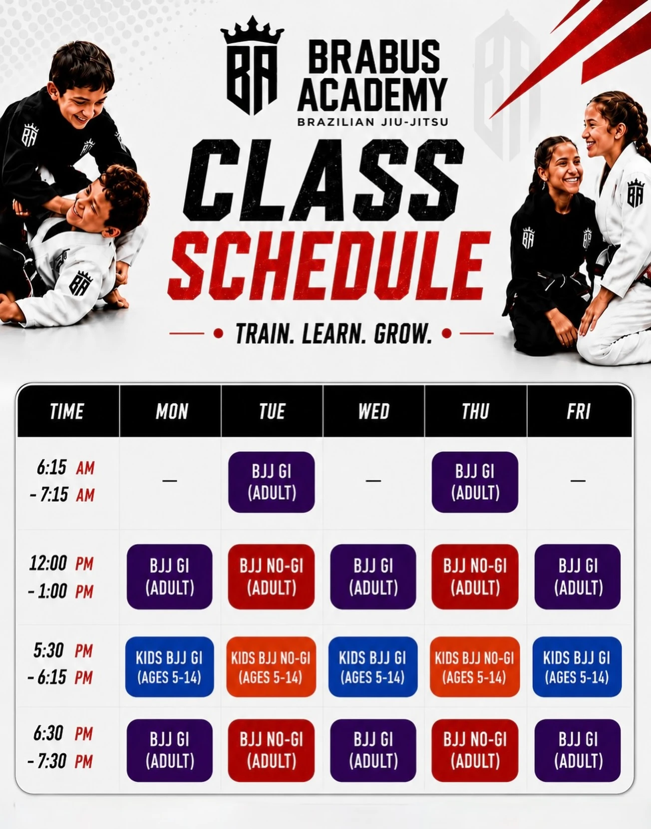 Brabus Academy weekly Brazilian Jiu-Jitsu class schedule